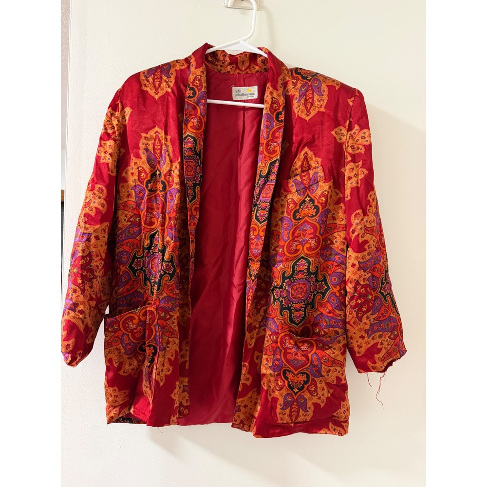 Liz Claiborne Blazer Womens 12 Red Good Vintage Paisley Rayon Open Front Jacket